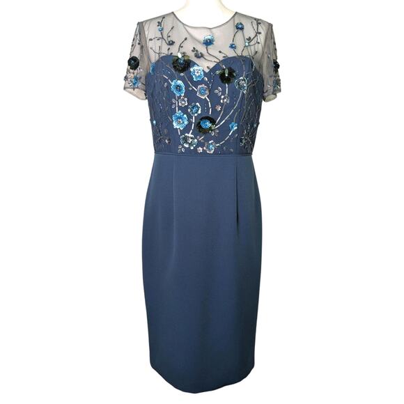 JS Collections Beaded Bodice Crepe Mineral Blue Midi Sheath Dress Women Size 10 - Picture 3 of 16